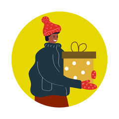 Man in hat, jacket and mittens with gift box in his hand smiling. Flat illustration.