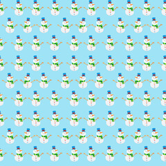 Happy snowman made of paper on a blue background, pattern. Christmas card. Snowmen are taken from a flat recumbent or top view position