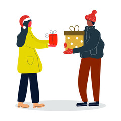 Woman and man give each other gifts, presents. Merry Christmas and Happy New Year concept. Flat illustration.