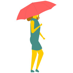 
Back view of a young girl standing under umbrella, flat vector icon 
