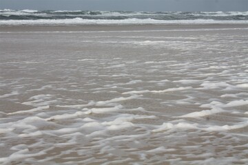 Meereslandschaft. Ebbe am Strand mit Meerschaum überdecktem Strand