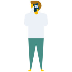
Man is sitting on a stool and taking picture with camera, flat vector icon 
