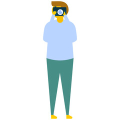 
Man is sitting on a stool and taking picture with camera, flat vector icon 
