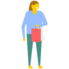 
A young girl standing with shopping bag, flat vector icon 
