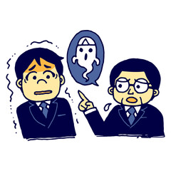 上司から怪談話を聞く若い男性社員