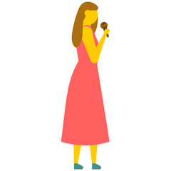 
Young woman singing with microphone, flat vector icon 
