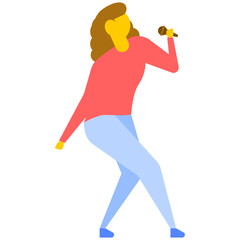 
Young woman singing with microphone, flat vector icon 
