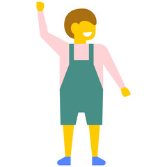 
A happy kindergartener in casual dress lifted his hands upward, flat vector icon 

