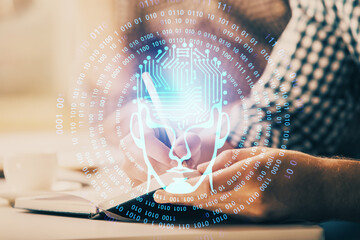 Man with multi exposure atificial intelligence brain icons.