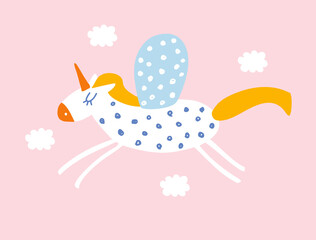 Cute Abstract Nursery Vector Illustration with Funny Hand Drawn Unicorn and Fluffy Clouds Isolated on a Pastel Pink Background. Magic Party Print ideal for Card, Wall Art, Invitation, Poster. © Magdalena
