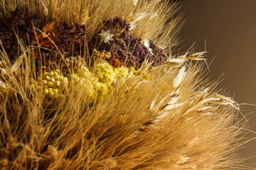 Didukh. Fragment close-up. Ukrainian Christmas decoration and traditional symbol. Made of straw of different cereals and flowers.