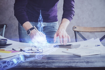 Creative start up concept hologram multi exposure with human hand background.