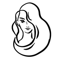 Minimal stylish portrait of a beautiful girl with a long wave hair . Fashionable laconic image isolated on white background for logo, icon, print. Black line art vector illustration.