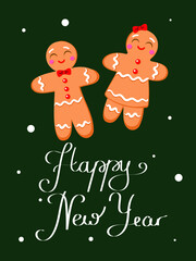 
happy new year with gingerbread man and woman