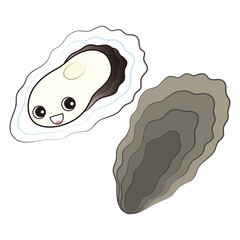 笑顔が可愛い牡蠣のキャラクター むき身と貝殻のセット イラスト ベクター