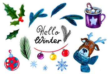 Hello Winter - set of winter and Christmas images. Fir tree branches, deer head, Chritmas decoration, mug with hot chocolate and candy, holly leaves. Isolated watercolor elements on white background. 
