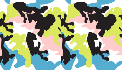 Seamless camouflage pattern background vector.Fashion clothing style masking camo repeat print.Lime blue black white colors texture design for virtual background, online conference design illustration