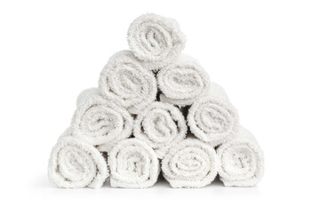 Obraz na płótnie Canvas stack of white clean towels rolled up on white background