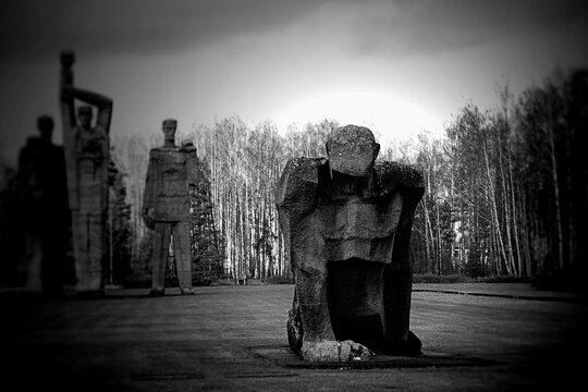 SALASPILS, LATVIA - november 11: Salaspils Memorial Ensemble concrete sculptures of monumental scale. Ex Nazi prison-camp. Black and white photography with film grain