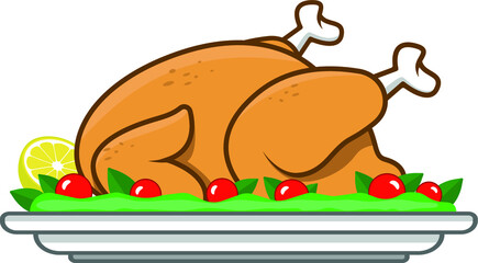Roast Turkey or Roast Chicken in a Plate with Tomatoes and Green Leaves Vector Illustration