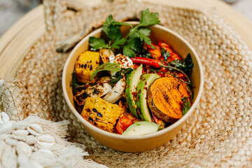 ealthy vegetarian food for a balanced diet rich in vitamins. Organic and regional products. Corn, avocado and chilli