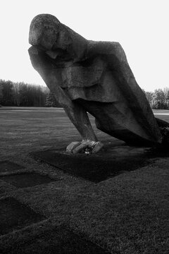 SALASPILS, LATVIA - november 11: Salaspils Memorial Ensemble concrete sculptures of monumental scale. Ex Nazi prison-camp. Black and white photography with film grain