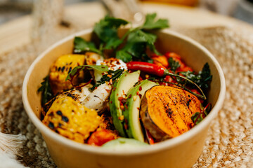 ealthy vegetarian food for a balanced diet rich in vitamins. Organic and regional products. Corn, avocado and chilli