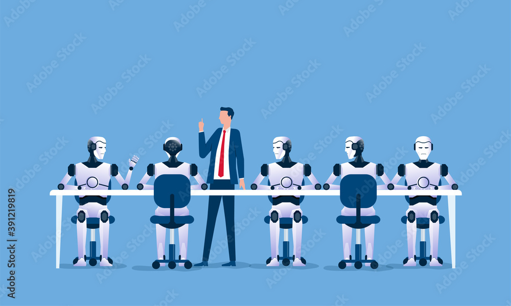 Poster businessman leader for meeting and work order for the robot team concept and flat design for artific