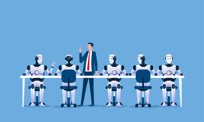 businessman leader for meeting and Work order for the robot team concept and flat design for Artificial intelligence, ai for business concept. illustration cartoon characters design