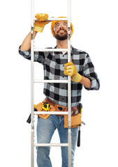 profession, construction and building - happy smiling male worker or builder in helmet and gloves climbing up ladder over white background © Syda Productions