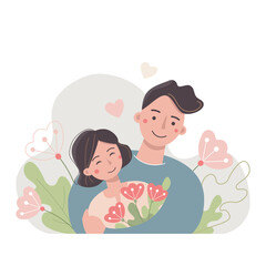 A nice couple in love. Beloved and happy people on a plant background. A man hugs nice young woman. Smiling person. A girl with a bouquet of flowers. 