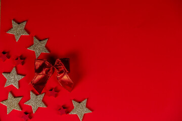 Christmas holidays composition on red background with copy space for your text, Flatlay on red background