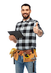 profession, construction and building - happy smiling worker or builder with tablet pc computer and tools over white background