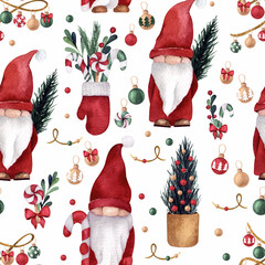 Christmas watercolor seamless pattern with gnomes