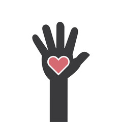 Human hand with red heart.  Volunteer, charity help concept symbol.