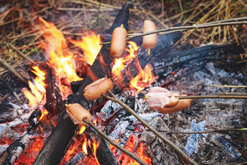 Camping in the wild. BBQ sausages on the fire. Picnic in the wild forest concept.