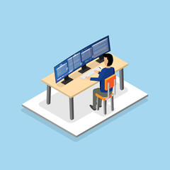 the man work programing on the desktop with isometric graphic