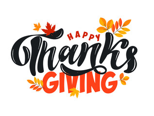 Fototapeta na wymiar Happy Thanksgiving Day cute hand drawn doodle lettering label. Be thenkful. Give thanks.