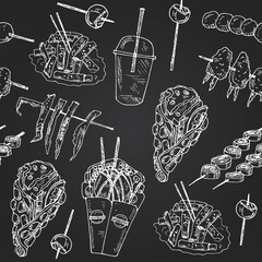 Hong Kong street food Menu doodle seamless pattern on chalkboard. Vector illustration