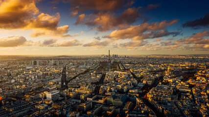 Paris view from above during a spectacular autumn sunset evening from Montparnasse Tower to Tour Eiffels - amazing colors