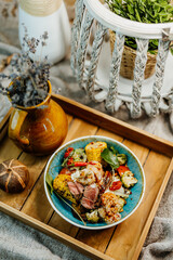 Healthy food for a balanced diet rich in vitamins. Organic and regional products. Fish, surf and turf, shrimp, beef