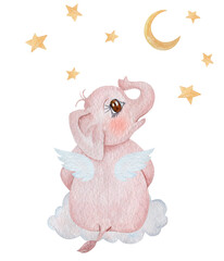 Cute elephant baby angel sitting on the cloud watercolor illustration. Children illustration character. Nursery poster theme. Hand painted pink elephant isolated on white background.