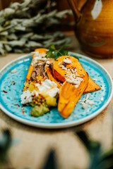 Healthy vegan food for a balanced diet rich in vitamins. Organic and regional products. Sweet potatoes