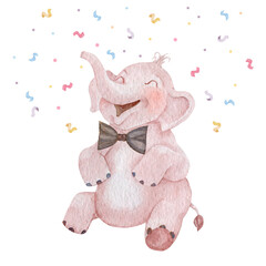 Baby boy elephant laughing watercolor illustration. Children book illustration character. Hand painted party pink elephant isolated on white background.