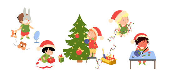Christmas or New Year bundle - cute cartoon children with gifts, garland,  and gift workshop, happy kids or characters isolated on white background, - vector illustrations