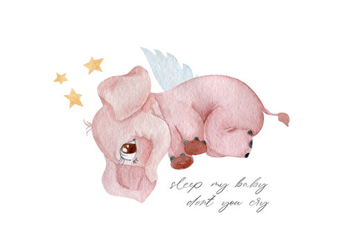 Cute baby angel elephant lying watercolor illustration. Children illustration character. Nursery poster theme. Hand painted pink elephant isolated on white background.