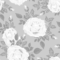 Bouquets of flowers. Roses and leaves. Vintage seamless pattern. Design for wallpaper and fabric in pastel colors. Isolated vector illustration.