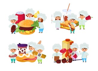 Cook fast food, child make dinner meal at kitchen vector illustration. Cartoon cooking children, restaurant chef kid and delicious lunch snack. Boy girl character near hanburger, hotdog at plate.