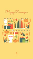 Happy Kwanzaa vertical vector social media story template with the symbols of African Heritage - kinara candles, crops, corn, unity cup and gifts. Annual celebration of African-American culture