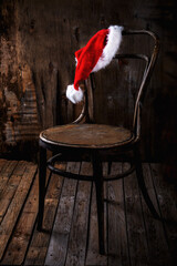 Christmas New Year Vintage Wooden Chair Red Santa Claus Hat